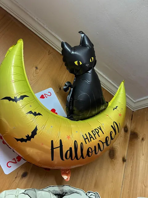 Happy Halloween foil balloon half moon and black cat