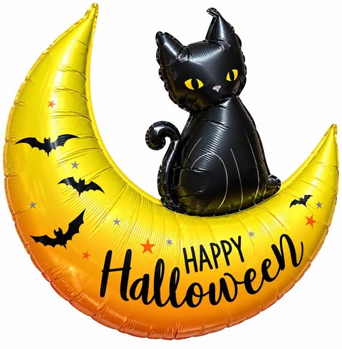 Happy Halloween foil balloon half moon and black cat